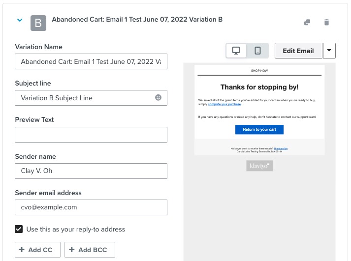 Al visualizar las opciones de configuración de una variación específica, hay un botón "Editar correo electrónico" en la parte superior derecha.