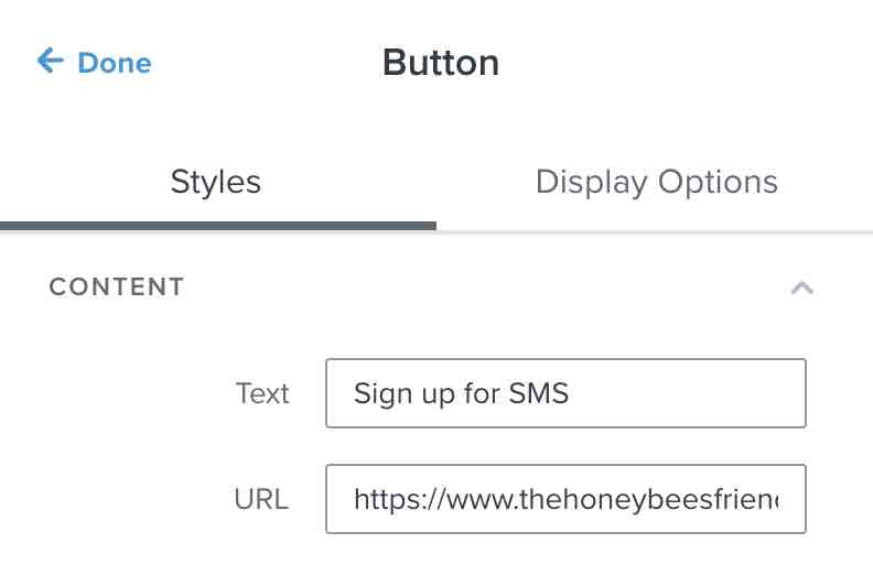 As configurações de botão para um bloco de botões em um e-mail