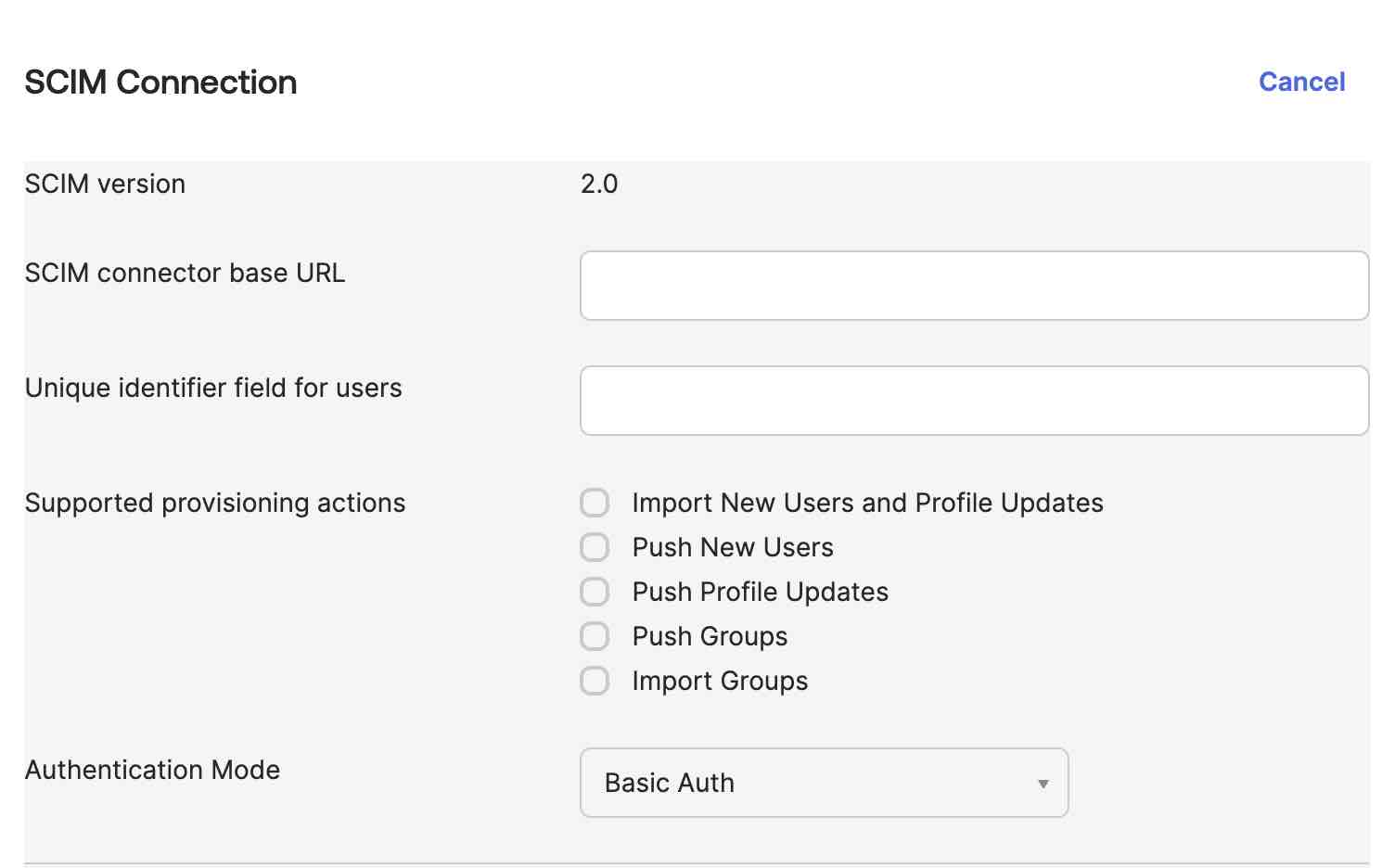 SCIM Connection page with no information