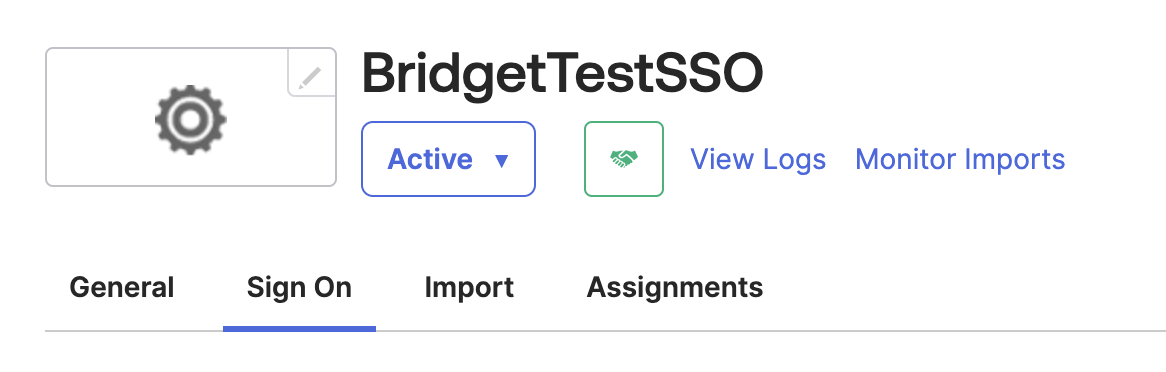 Four tabs for an app with SSO: General, Sign On, Import, and Assignments