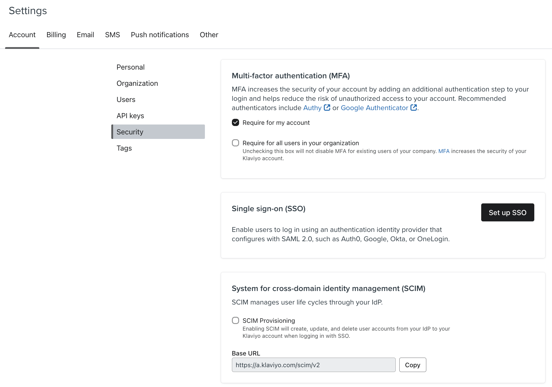 Pestaña de seguridad en la configuración de la cuenta