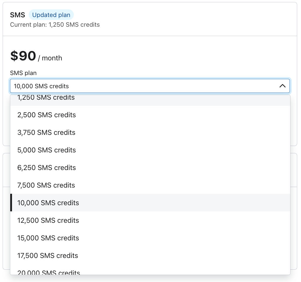 View of SMS plans in Klaviyo's checkout page