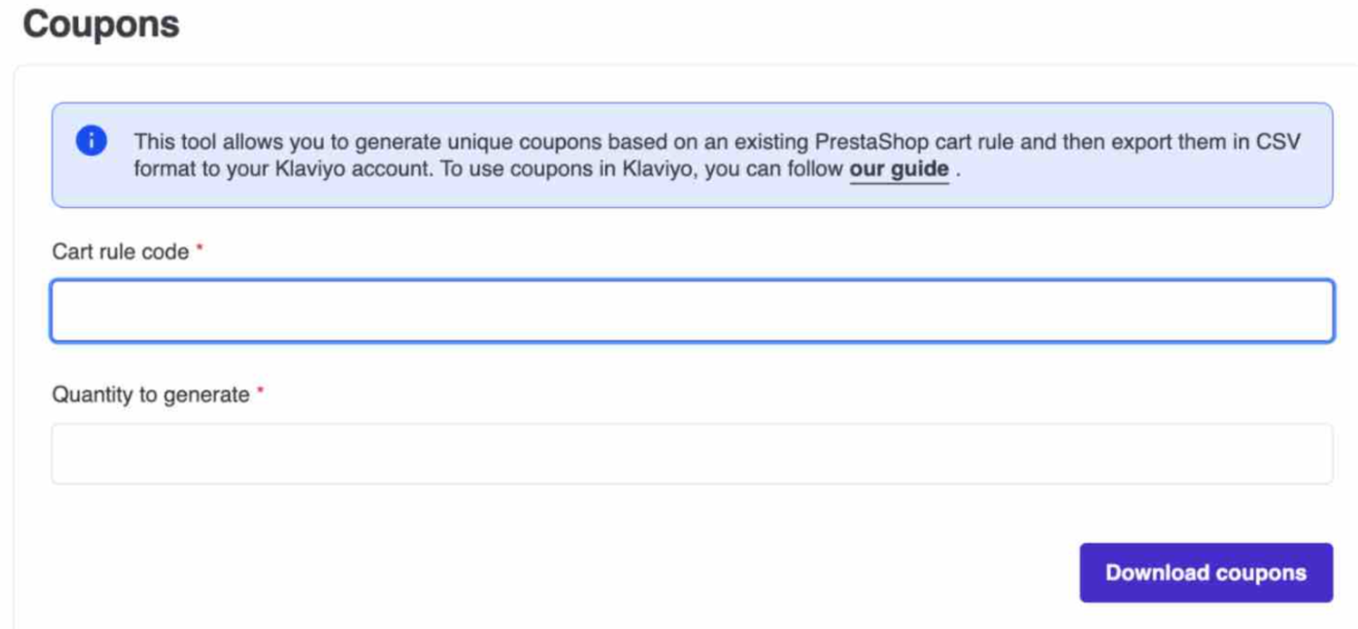 Coupons section in Klaviyo PrestaShop module settings