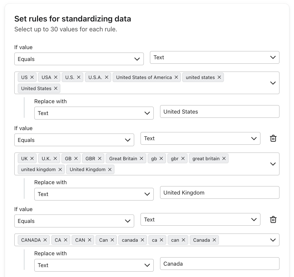 Options de transformation préétablies