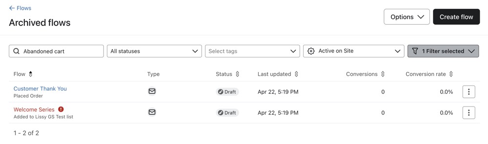 The archived flow view showing a list of archived flows.