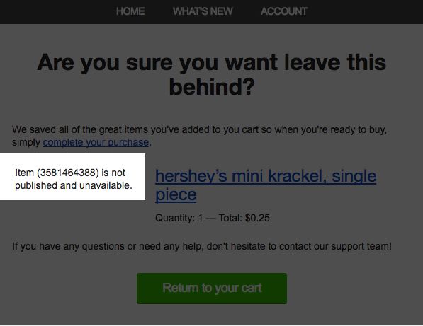 Exemplo de uma visualização de e-mail mostrando uma mensagem de que um item específico não está disponível.