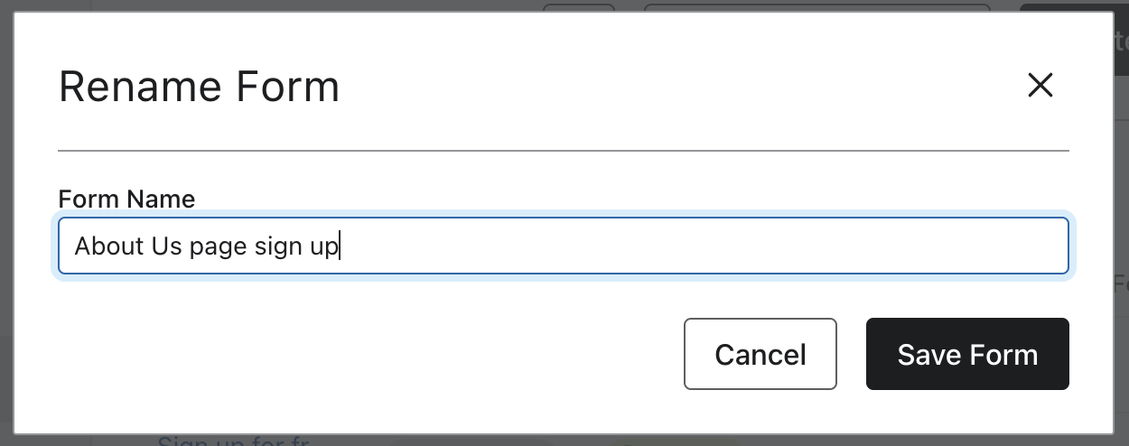 The Rename Form modal where you can edit an existing form's name.