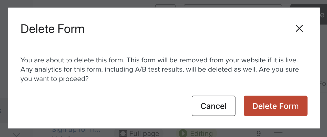 The Delete Form modal where you can delete a form permanently from your account.