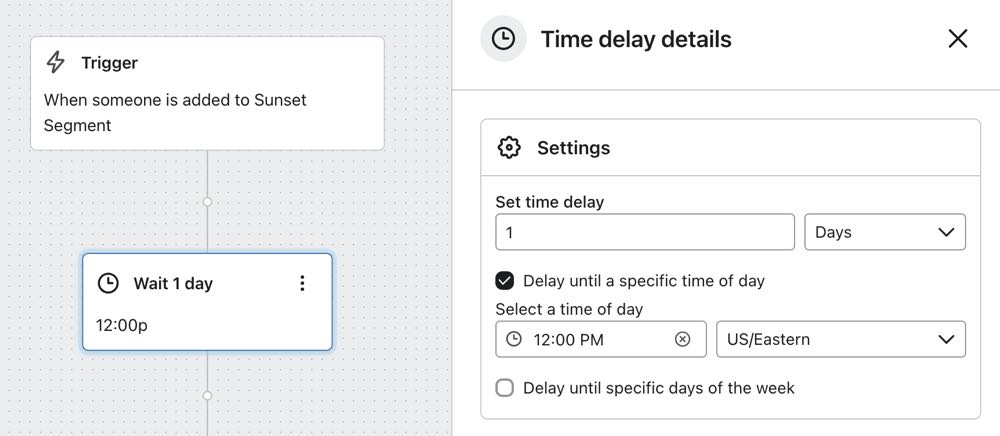 Example of a time delay set for 1 day after the flow trigger