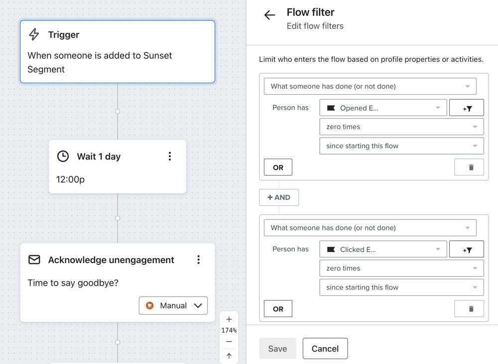 Flux final avec des filtres de déclenchement pour vérifier qu’un profil n’a pas ouvert d’e-mail et n’a pas cliqué sur un e-mail depuis le début du flux