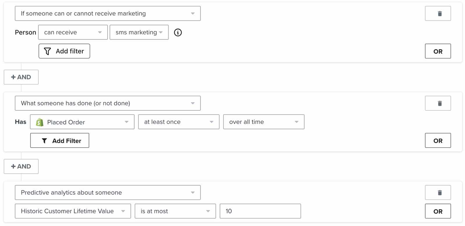 A segment of SMS subscribers with low predicted customer lifetime value