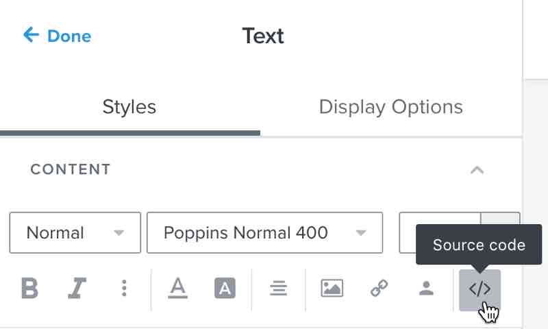 The source code button in Klaviyo's email template editor