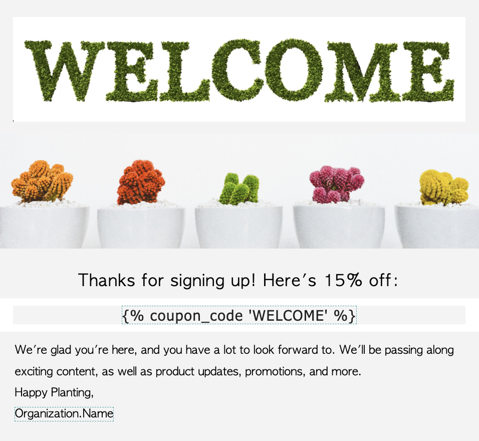 Coupon con il nome WELCOME in un'e-mail di Klaviyo