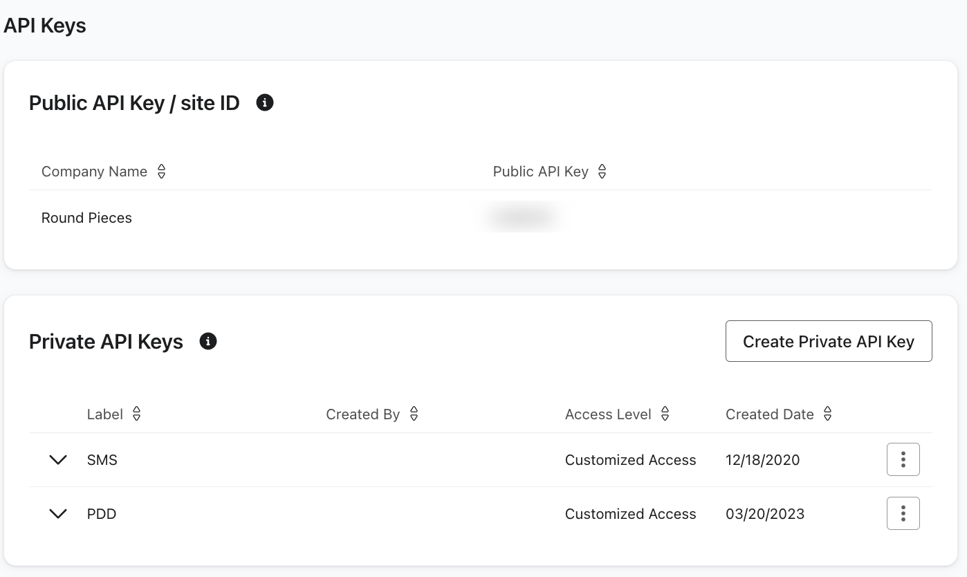 Pestaña Clave de API en la configuración de la cuenta