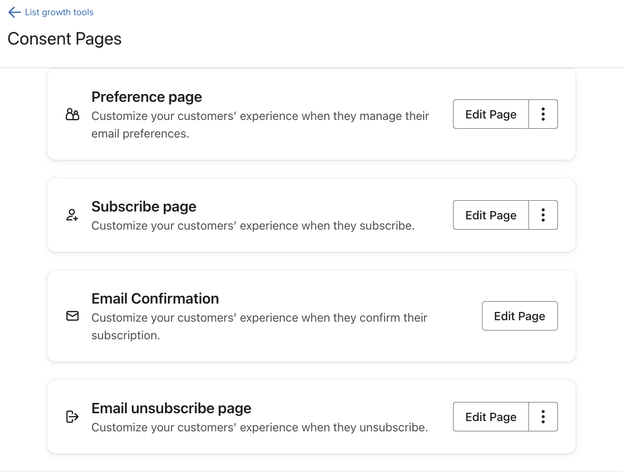 All of the consent pages that are available to edit, including preferences page, subscribe page, email confirmation page, and email unsubscribe page.