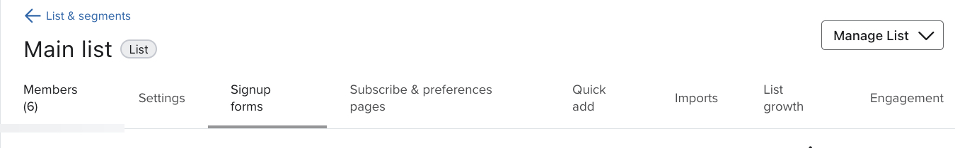 The Sign-up forms tab underlined and selected from the menu bar within a specific list's page.