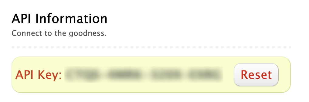 API Information Wufoo with API Key blurred out and Reset button in red