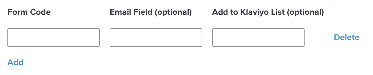 Wufoo integration settings page in Klaviyo showing setting for Form Code, Email Field, and Add to Klaviyo list with Delete in blue