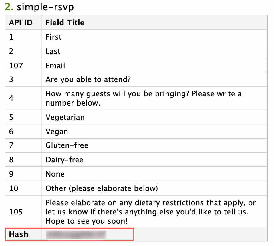 API information for form in Wufoo showing multiple API ID fields and their respective titles, including Hash blurred out surrounded with red box