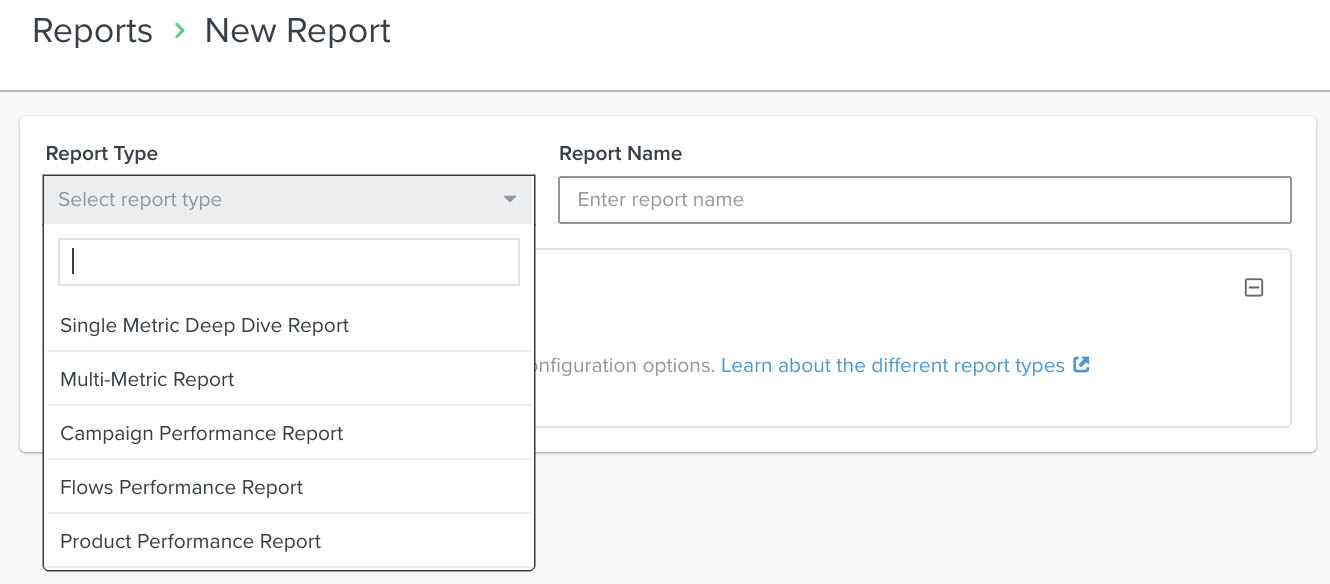 Novo modal de criação de relatório com o menu suspenso de tipo de relatório aberto à esquerda e campo de preenchimento de nome à direita