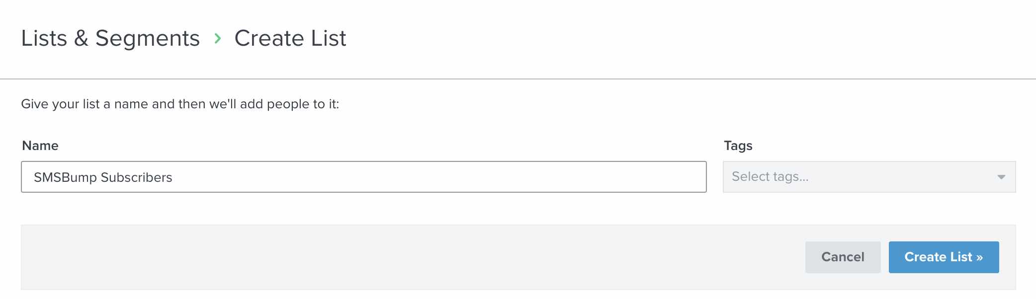 List builder in Klaviyo with list named SMSBump subscribers