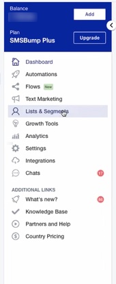 Menu dans SMSBump Plus. L’option Lists & Segments est mise en surbrillance.