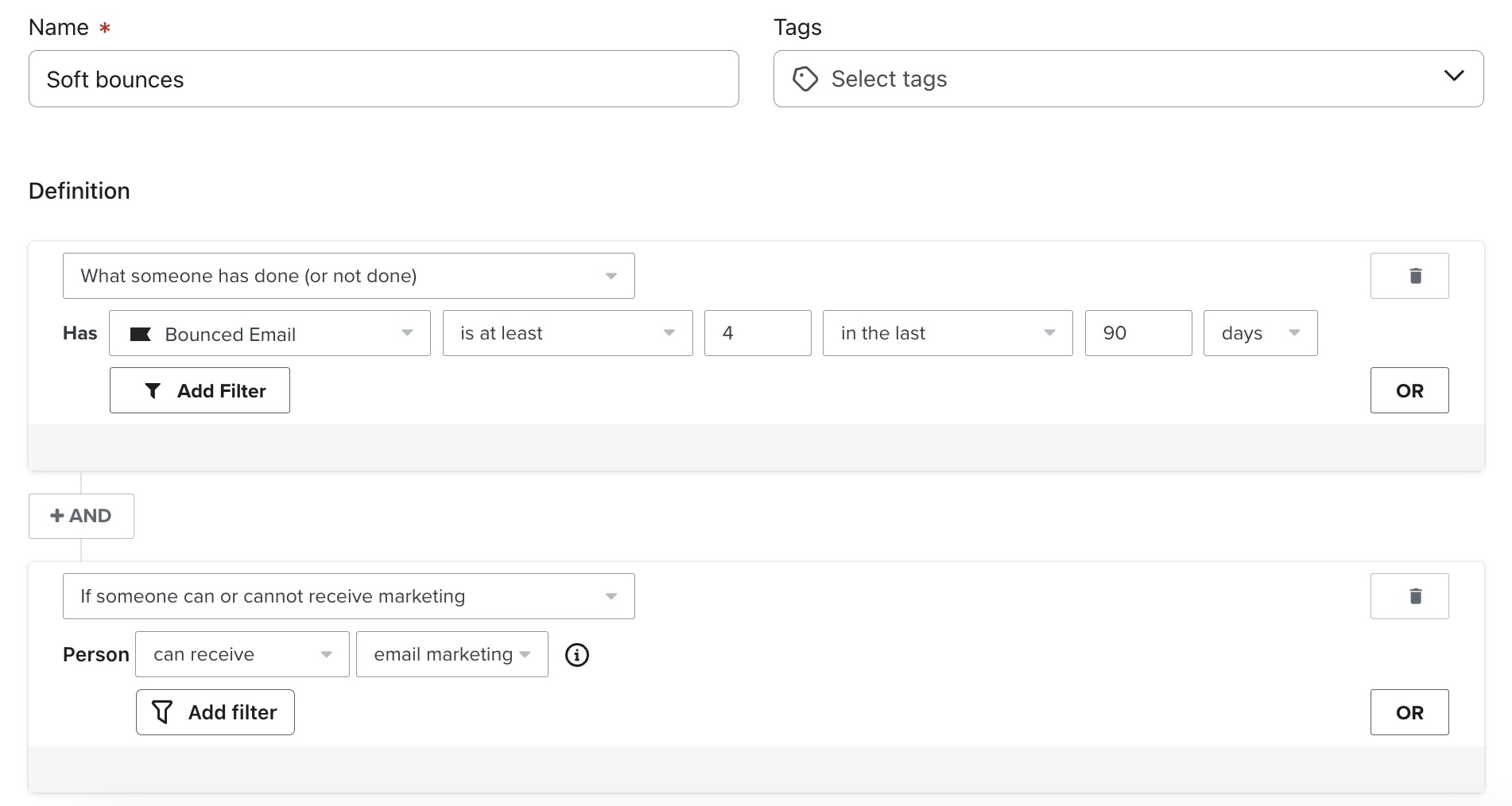 Segment capturing profiles that have had at least 4 bounces in the last 90 days