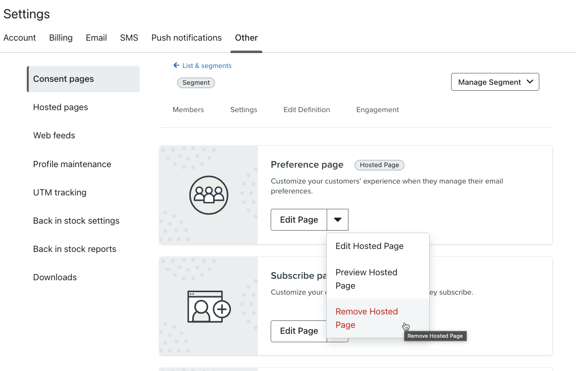 Edit page dropdown highlighting the option to remove a hosted page