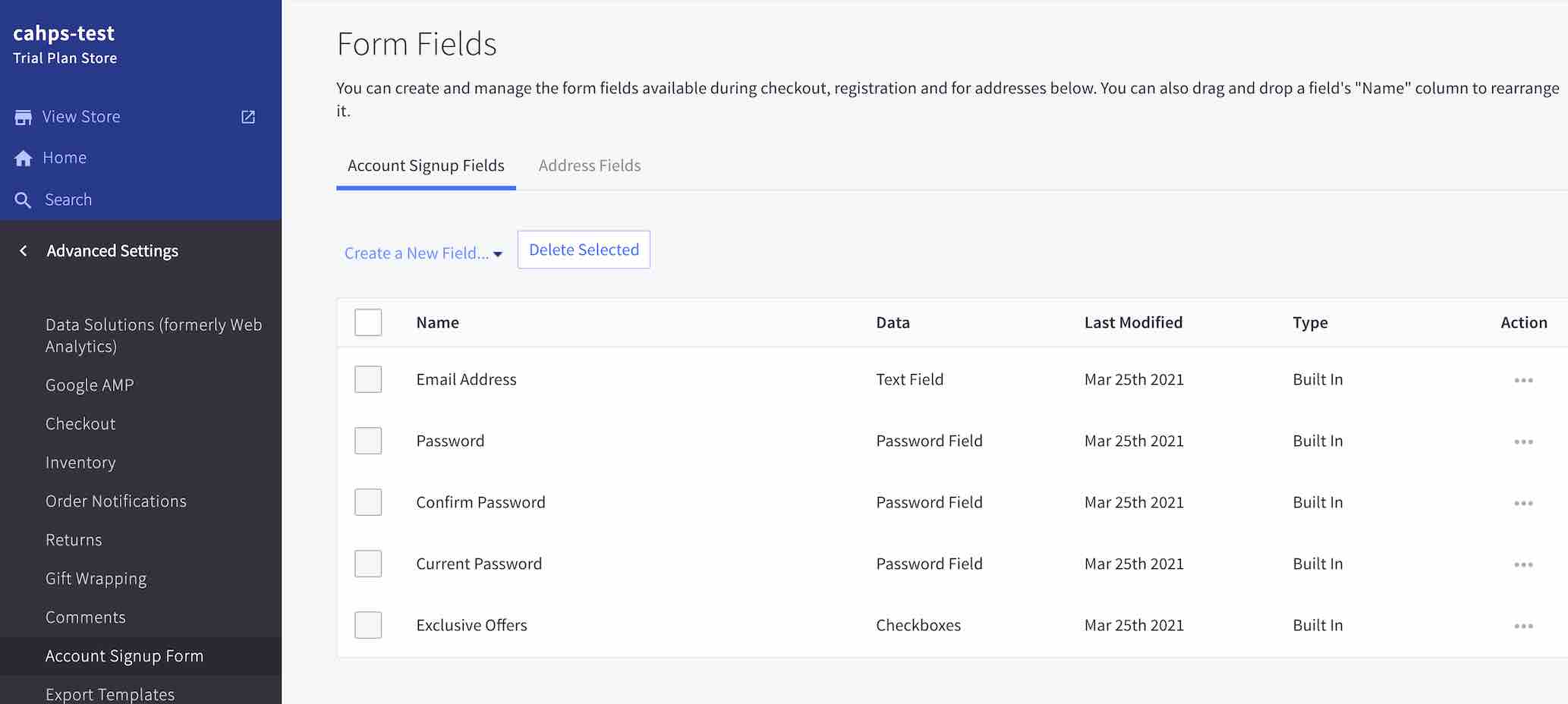 Página del formulario de registro de cuenta en la configuración avanzada de BigCommerce