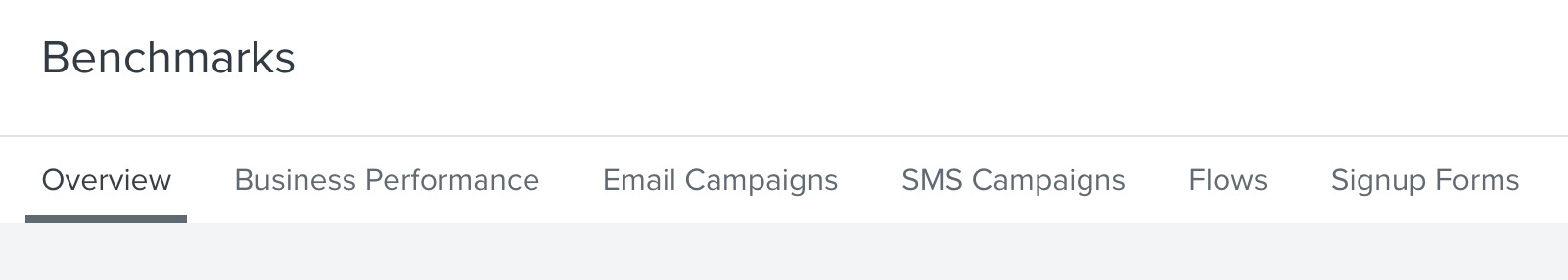 The Benchamrks Page navigation with the Overview, Business Performance, Email Campaigns, SMS Campaigns, Flows, and Signup Forms tabs