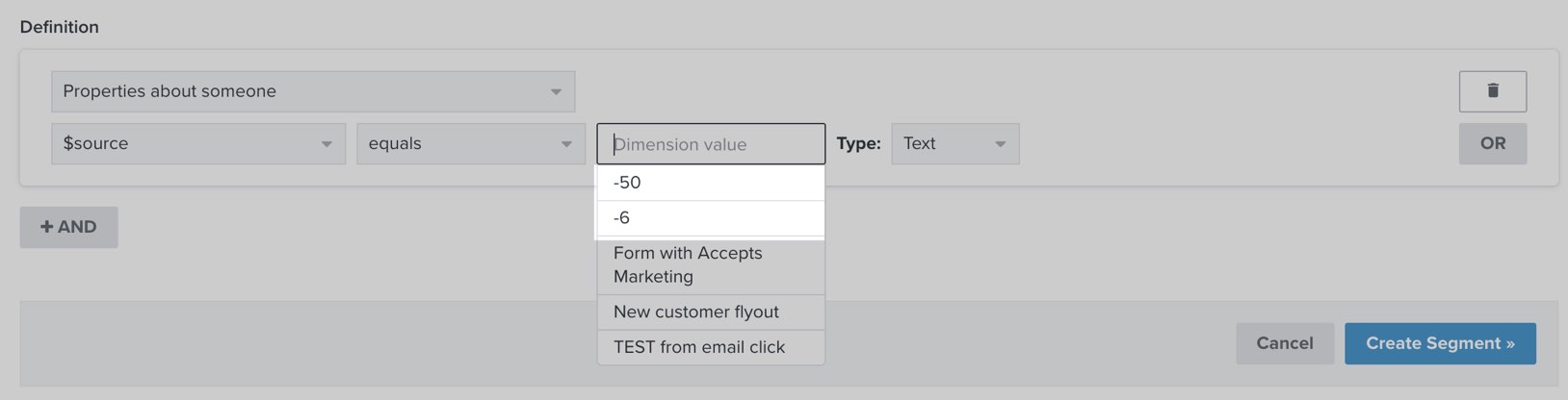 Dropdown menu of source values in segment builder