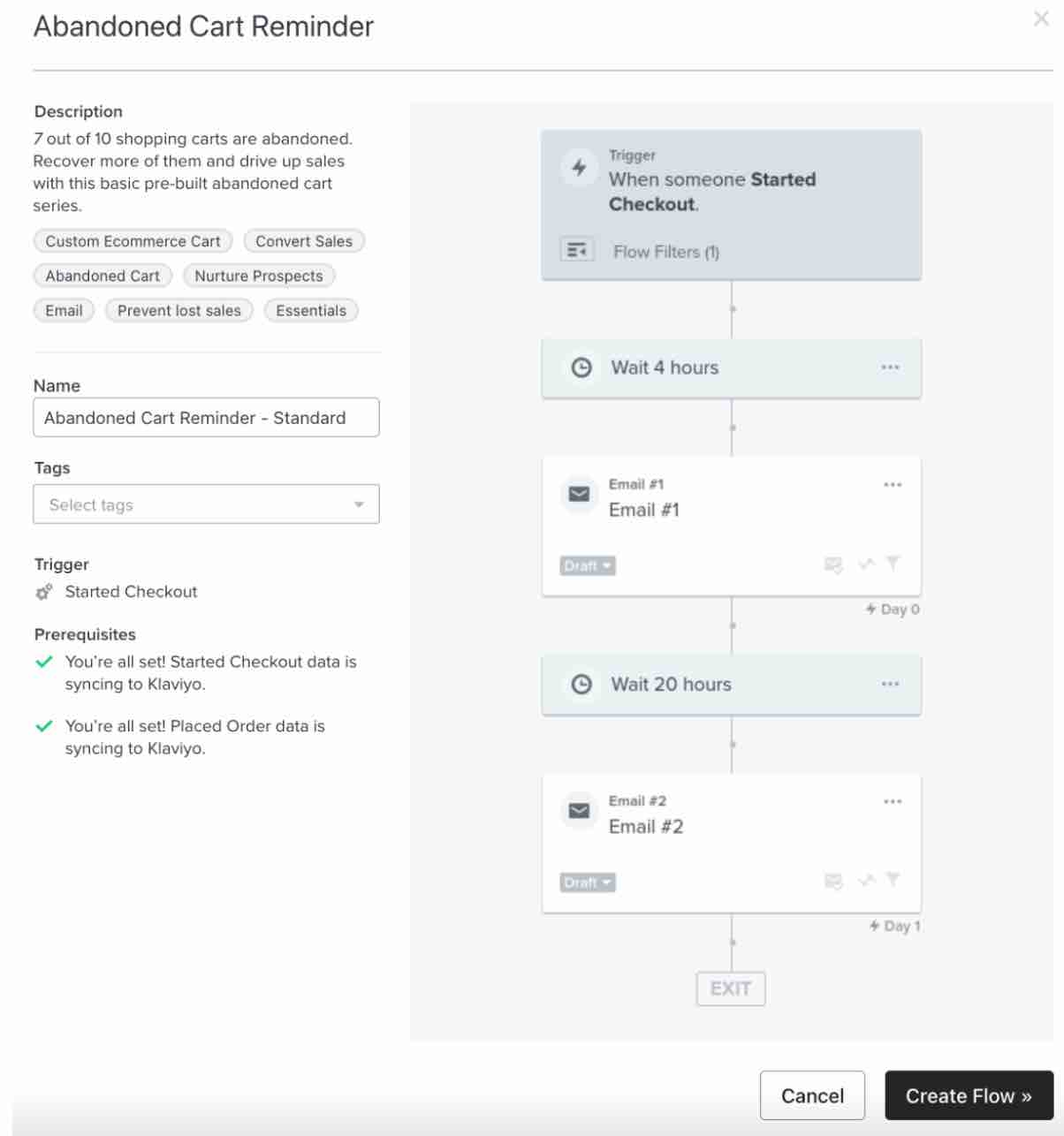 Abandoned Cart Reminder Flow trigger by Started Checkout preview with create flow in white with black background