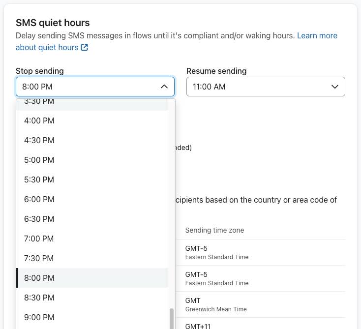 Dropdown para escolher o horário de início do horário de silêncio