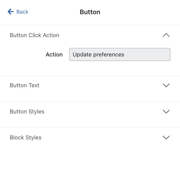 The Button menu that appears along the left when you select a button in the preview form, and where you can edit various button function and style settings.