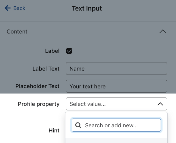 The Profile property dropdown that comes with any input fields added to a consent page showing the option to select or create a new property.