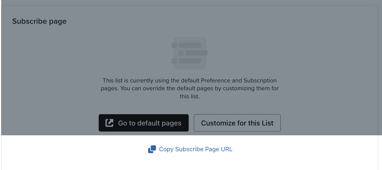 Copy Subscribe Page URL being selected from the botton of the sign-up forms tab within a specific list's page.