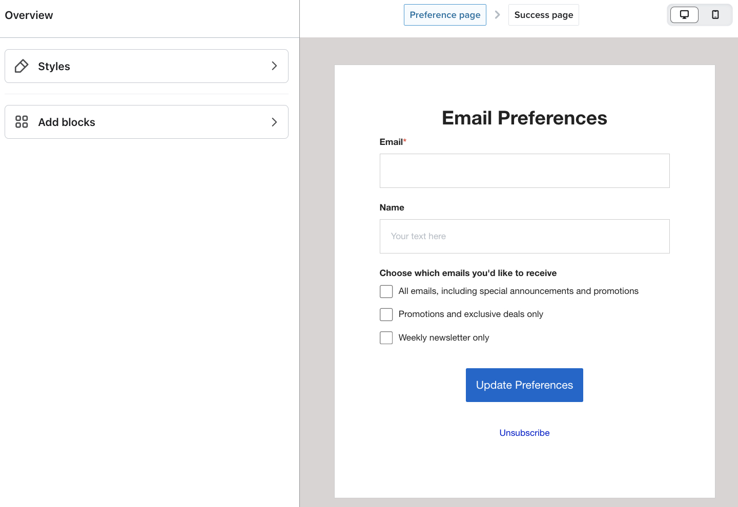 El editor de una página de Preferencias de ejemplo muestra las opciones para Añadir bloques o editar Estilos.