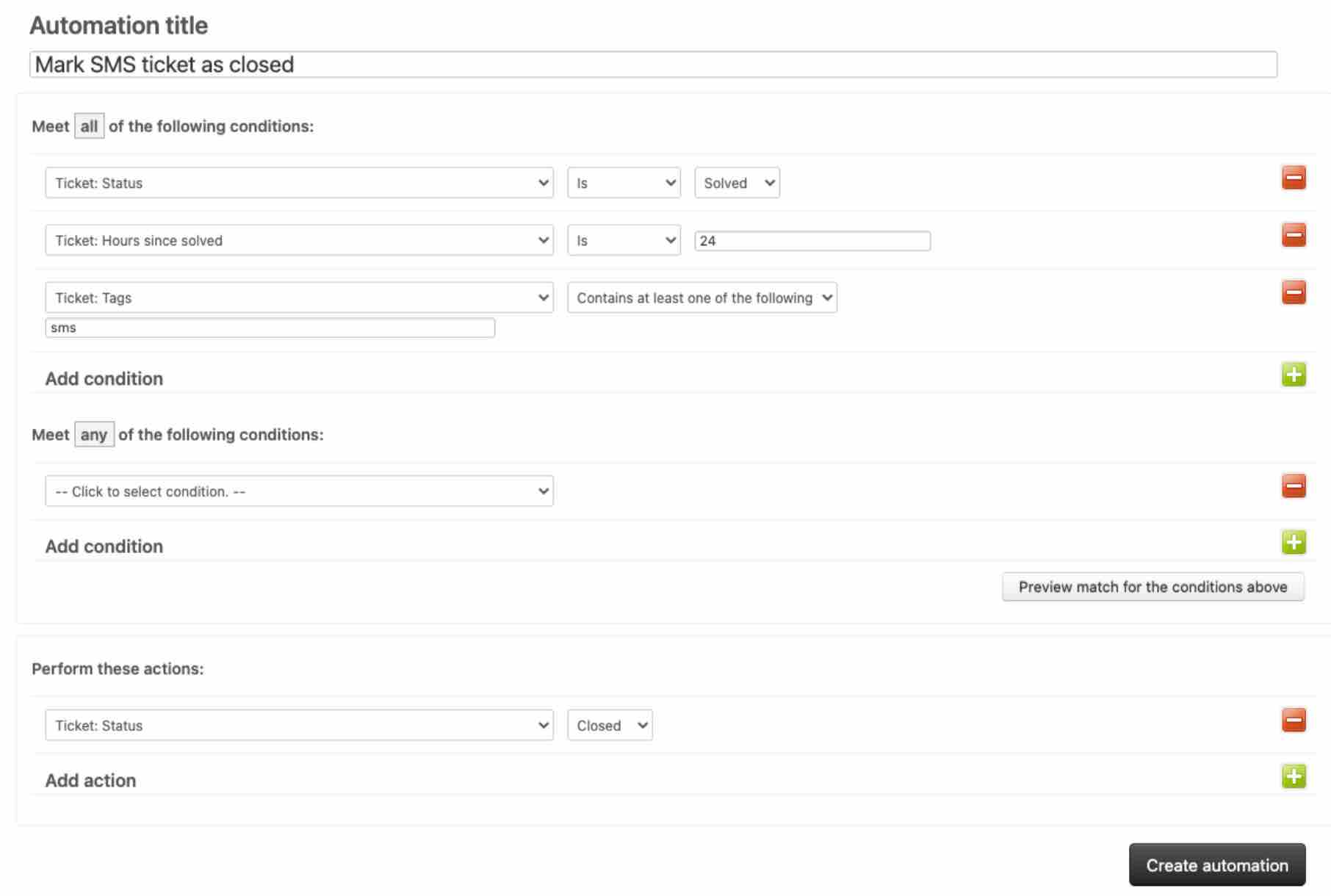 Zendesk automation titled Mark SMS tickets as Closed showing solved sms tickets 24 hours since solved should be closed