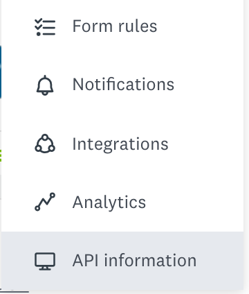 Desplegable de Wufoo que muestra las reglas de los formularios, las notificaciones, las integraciones, los análisis y la información de la API resaltada en gris