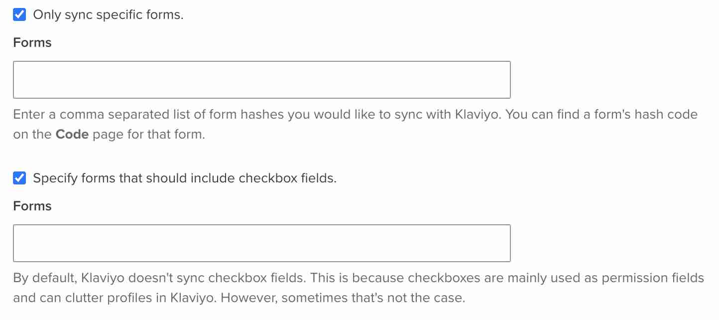 A página de configurações de integração do Wufoo no Klaviyo mostra as configurações marcadas Only sync specific forms e Specify forms that should include checkbox fields