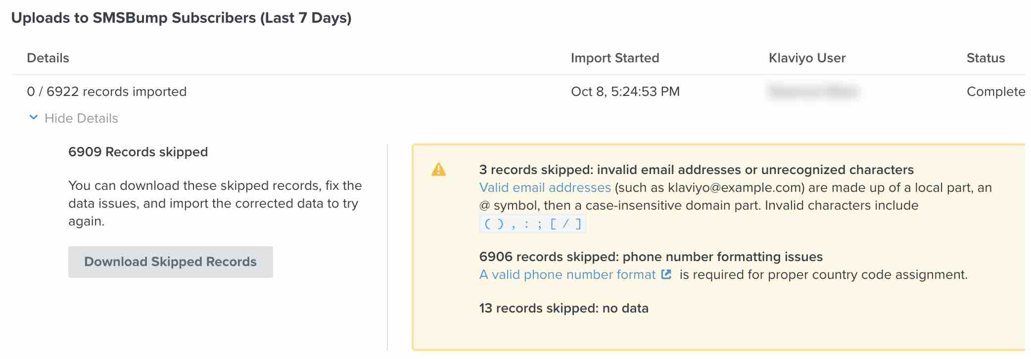 Import details page with yellow callout saying that 3 records were skipped