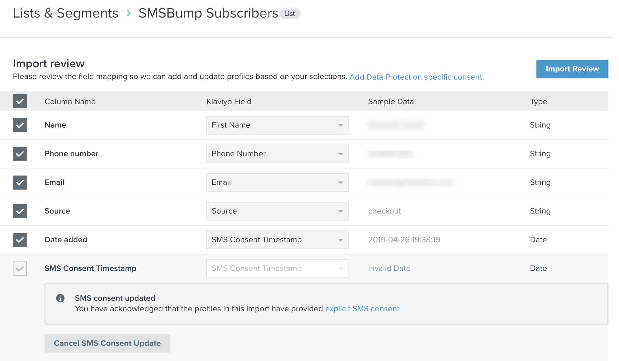 Revisión de la importación de campos, incluida la marca de tiempo de consentimiento de SMS