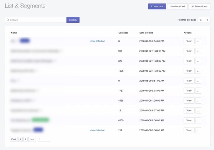 Page List & Segments dans SMSBump avec l’option de création sur fond violet.