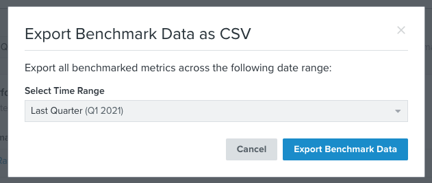 Export benchmarks modal with timeframe chosen as last quarter