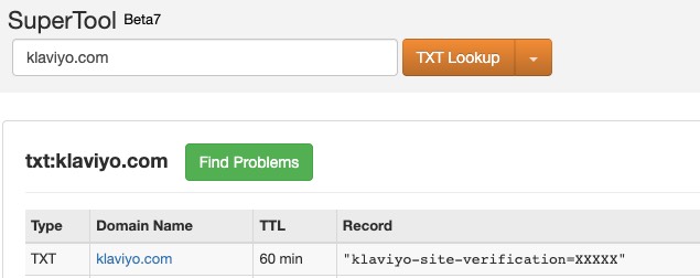 TXT lookup pour klaviyo.com