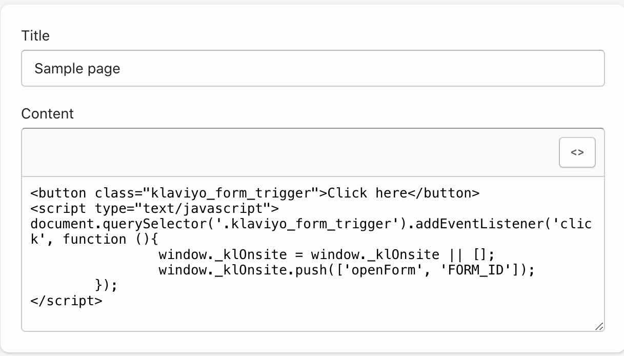 Un esempio del codice completato che mostra il codice del pulsante e il trigger del modulo nell'editor di una pagina di Shopify.