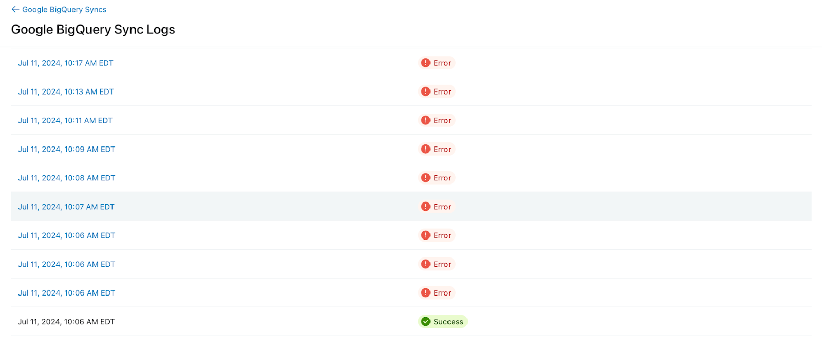 Linha do tempo das sincronizações de saída com status de saúde