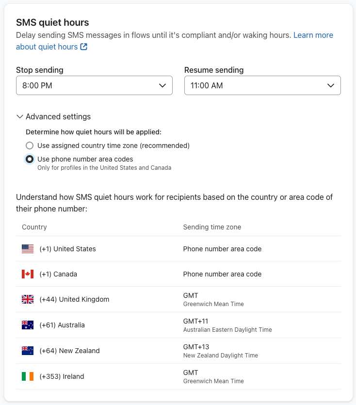 Checking the option to use phone number area codes