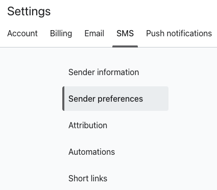 Guia Sender preference (Preferência do remetente) em SMS settings (Configurações de SMS)