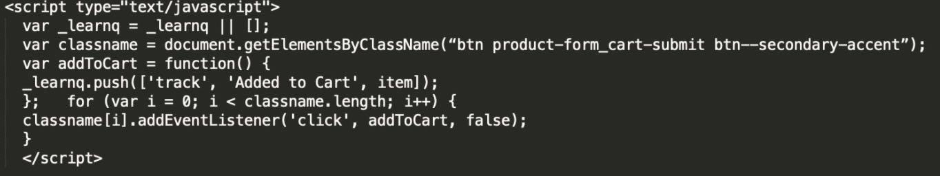 Snippet alternativo de Adicionou ao carrinho da Klaviyo com valor classname btn product-form_cart-submit btn--secondary-accent.